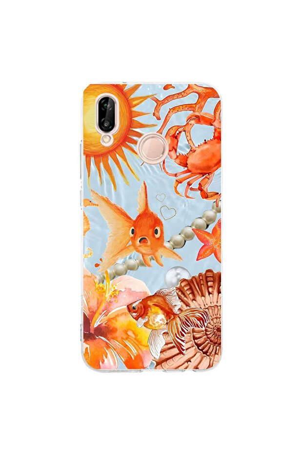 حافظة هاتف شفافة متوافقة مع هاتف هواوي P20 لايت بنمط السمكة البرتقالية - 1