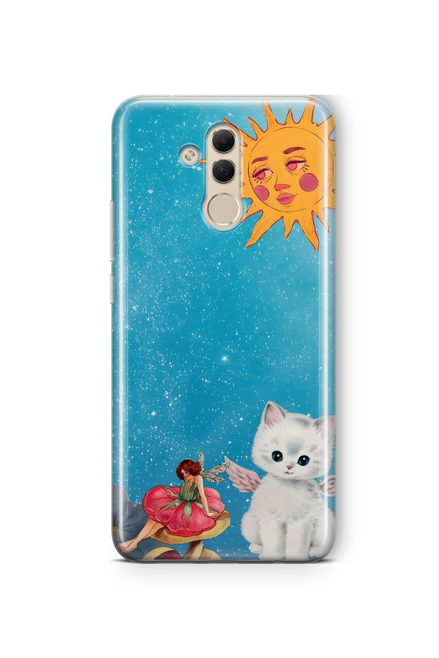 Mate 20 Lite Compatible Sunny Fairy and Angel Cat Patterned Transparent Phone Case