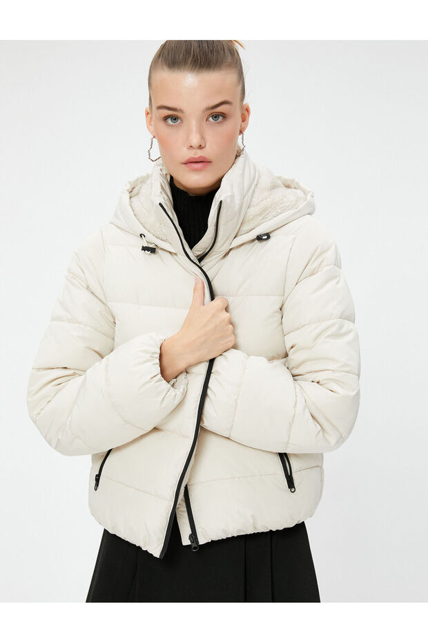 Puffer Jacket Quilted Hooded Zippered Stand Collar with Pockets
