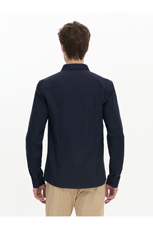 Uzun Kollu Önü Düğmeli Basic Lacivert Gömlek - 3