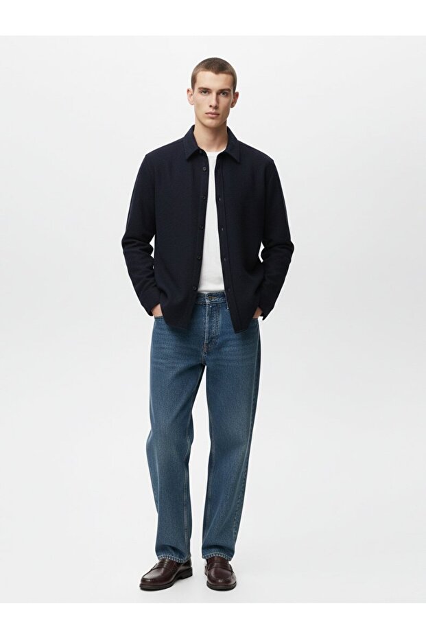 Uzun Kollu Önü Düğmeli Basic Lacivert Gömlek - 1