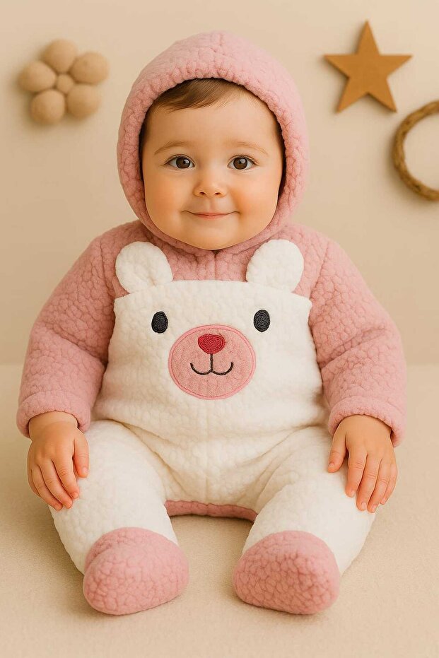 Hooded Welsoft Baby Rompers with Feet, Snap Fasteners at the Bottom