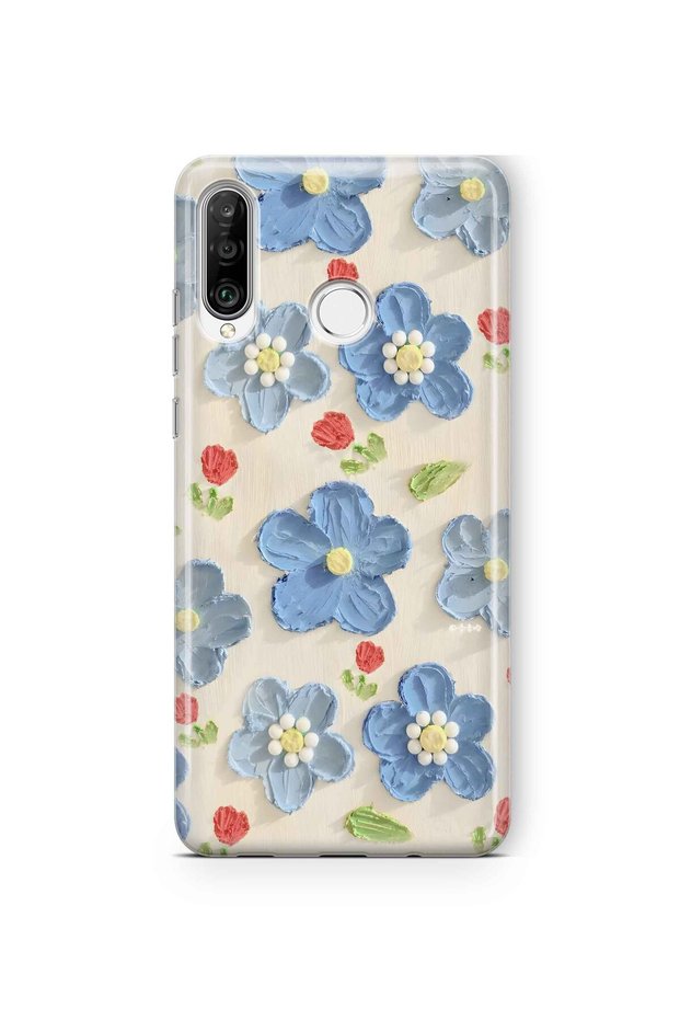 Huawei P30 Lite Compatible Blue Oil Painting Flower Pattern Transparent Phone Case