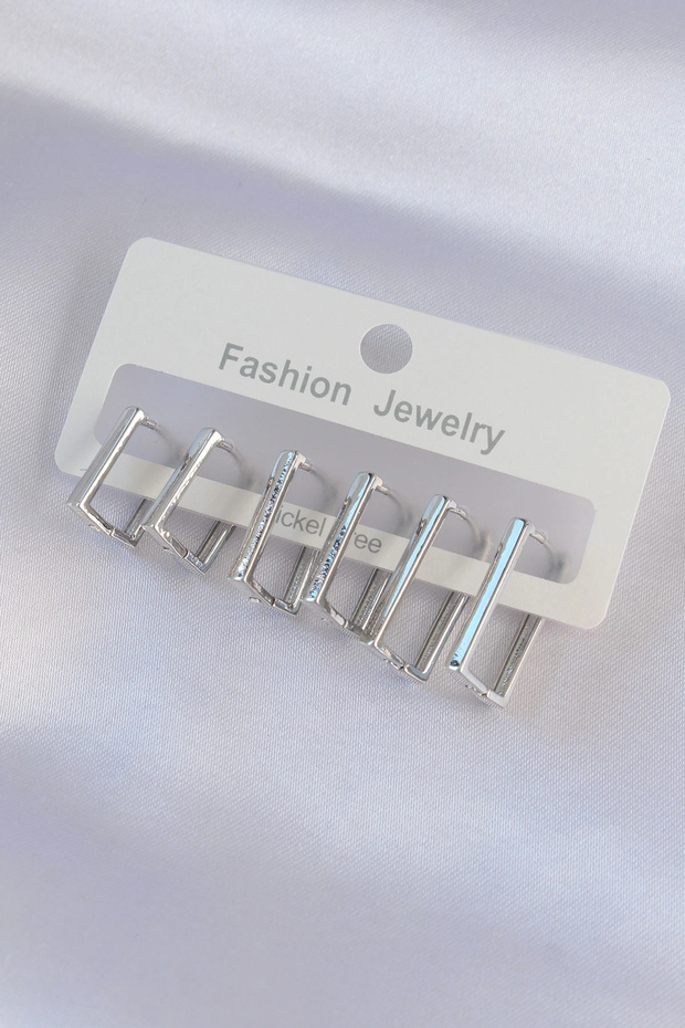 مجموعة أقراط نحاسية فضية اللون مستطيلة الشكل - 1