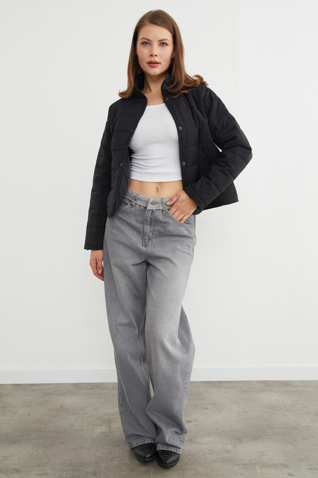 معطف بنمط مبطن مربع ياقة مرتفعة متوسطة الطول - 3