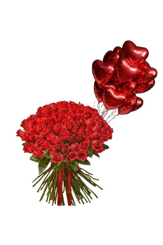101 Red Roses with 11 Red Heart Foil Balloons