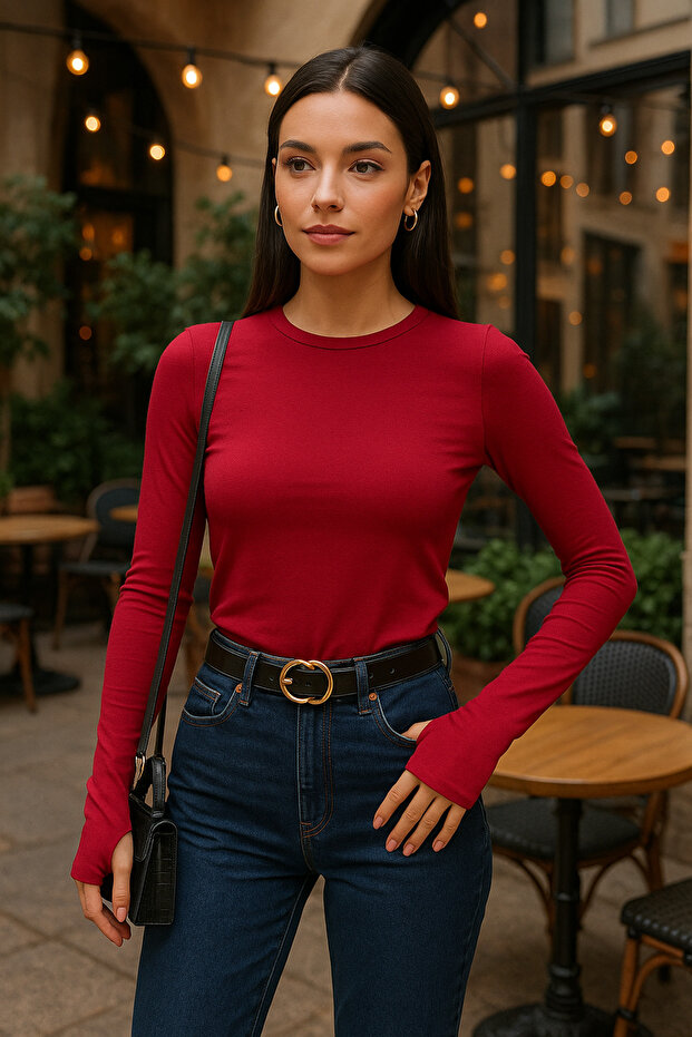 Women's Red Long Sleeve Finger-Through Basic Blouse