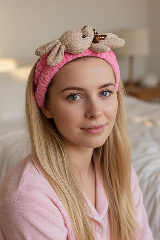 Fuchsia and Beige Color Rabbit Figured Plush Hair Band