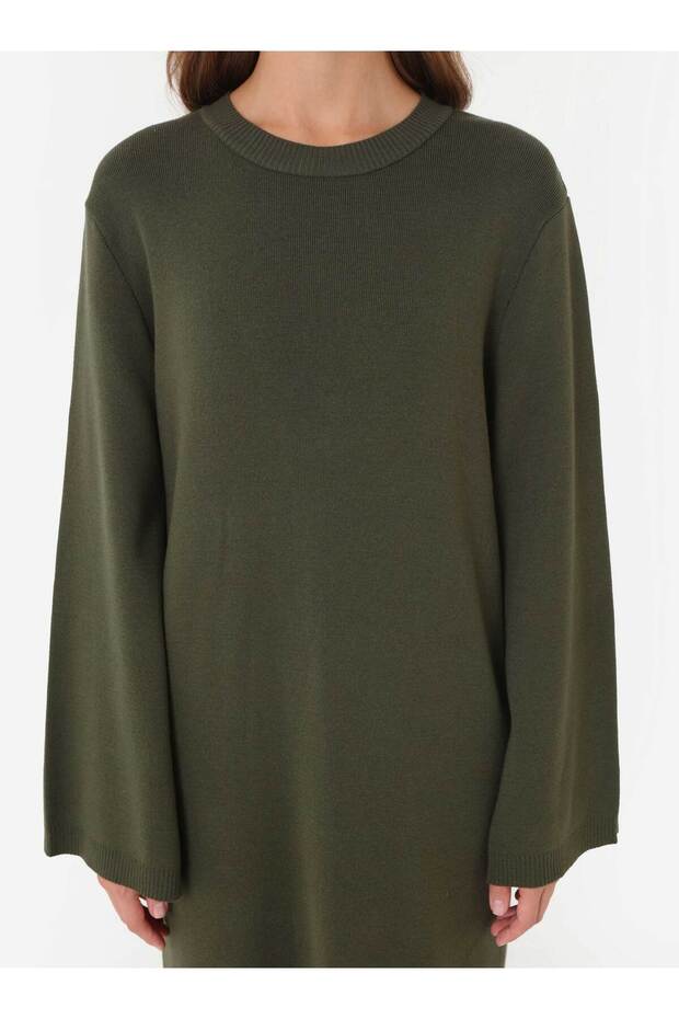 Basic Rahat Kalıp Triko Tesettür Elbise - Haki - - 4