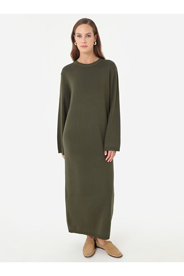 Basic Rahat Kalıp Triko Tesettür Elbise - Haki - - 2
