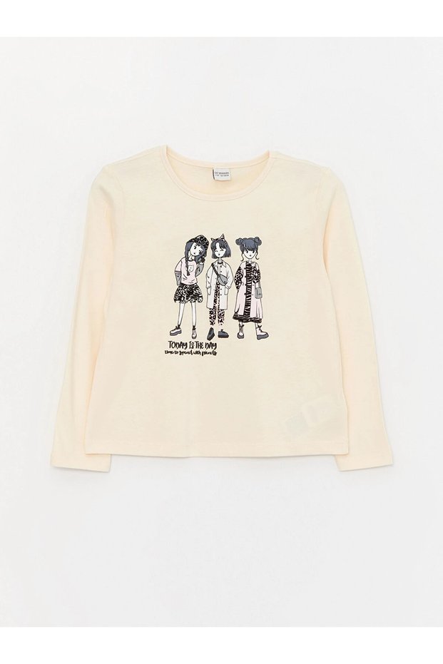 Lcw Kids Beige Crew Neck Printed Long Sleeve Girls' T-Shirt