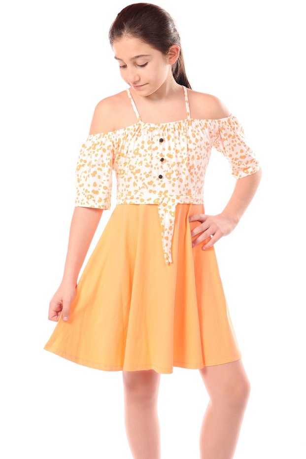 Girl's Regular Fit Carmen Collar Short Sleeve Suspender Dress - Color Block