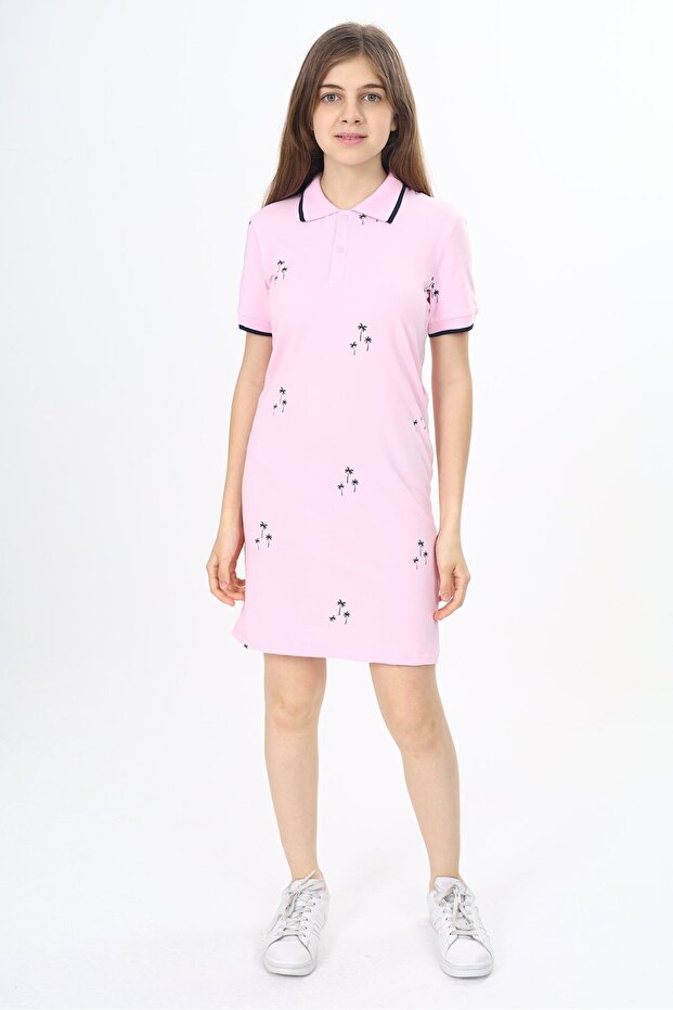 Girl's Printed Regular Fit Polo Neck Buttoned Short Sleeve Dress - Belted