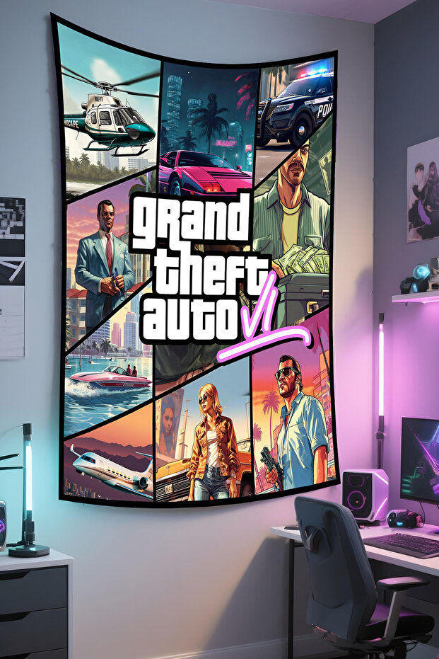 Gta Printed Wall Covering – Gamer-Themed, High-Quality Fabric, Tapestry Wall Carpet
