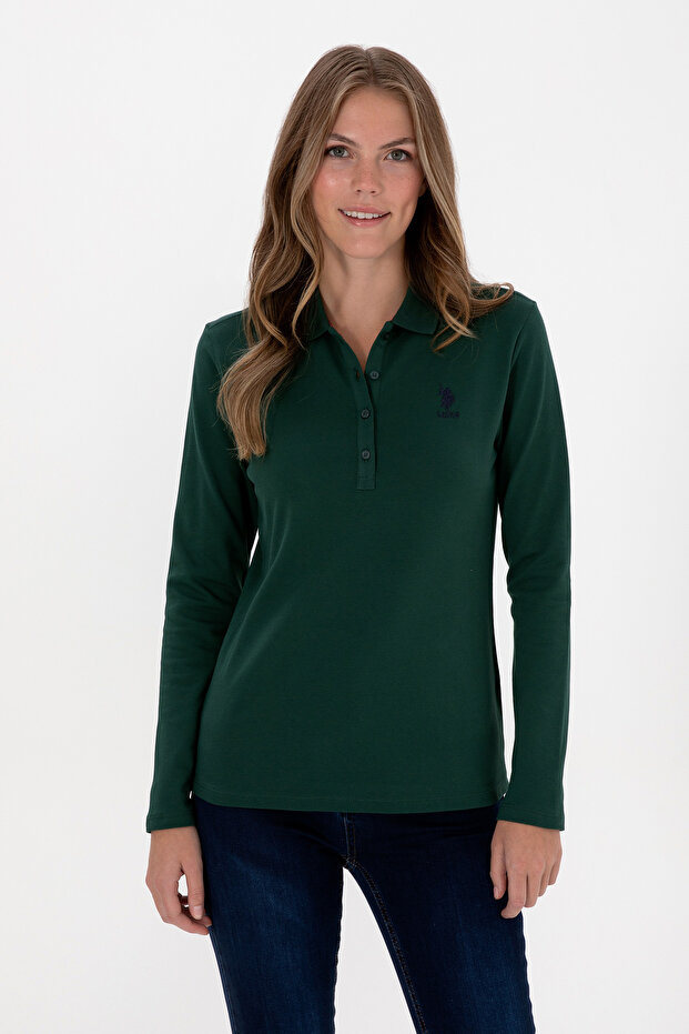Women's Dark Green Basic Polo Neck Sweatshirt 50307755-Vr079