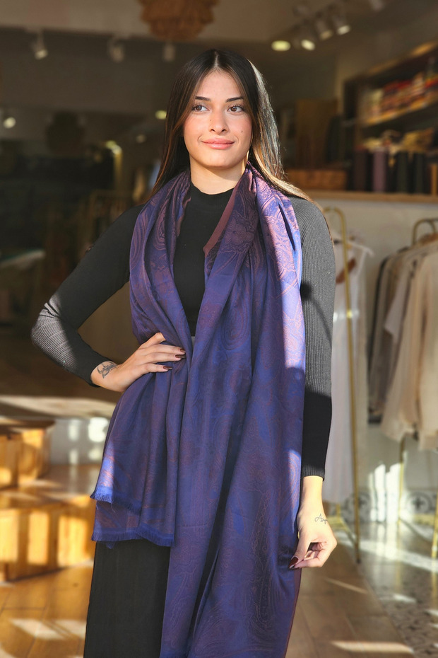 Mor Kiremit Ağaç İpeği Baş Örtüsü Şal - 2