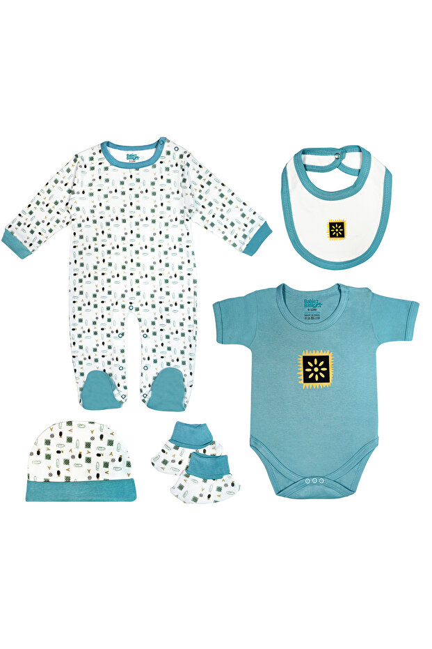 5 piece Sets include Bib, Romper, Mittens, Cap and Sleepsuit, 9-12 Months , Green
