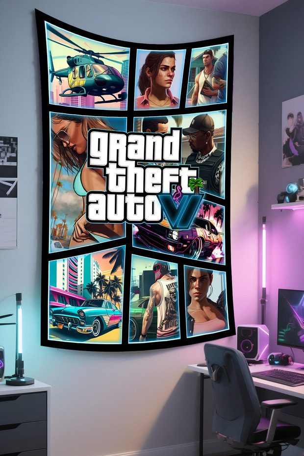Gta Printed Wall Covering – Gamer-Themed, High-Quality Fabric, Tapestry Wall Carpet
