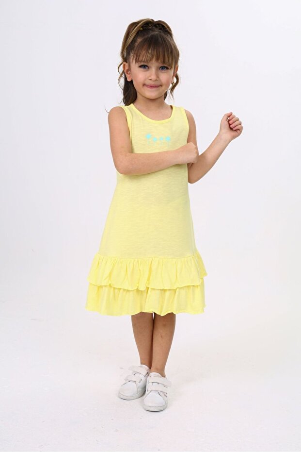 Girls' Printed Regular Fit Crew Neck Short Sleeve Ruffle Dress