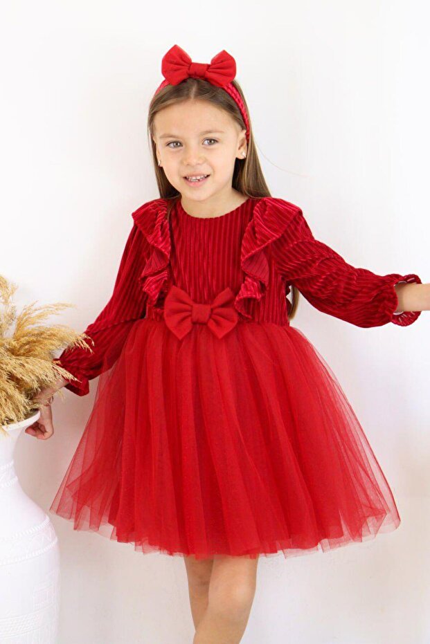 Red Bow Velvet Baby Dress Pleated Ruffled Tulle