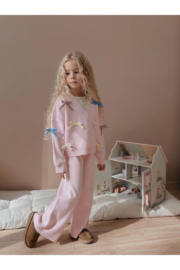 Girls' Set with Bow Embroidered Knitwear Cardigan