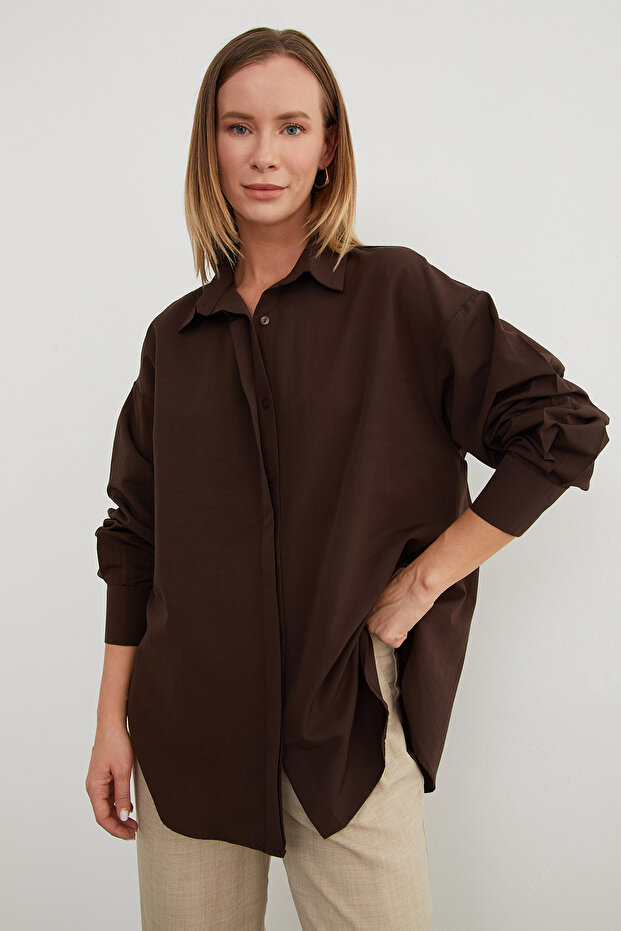 Basic Yırtmaçlı Oversize Gömlek - 5