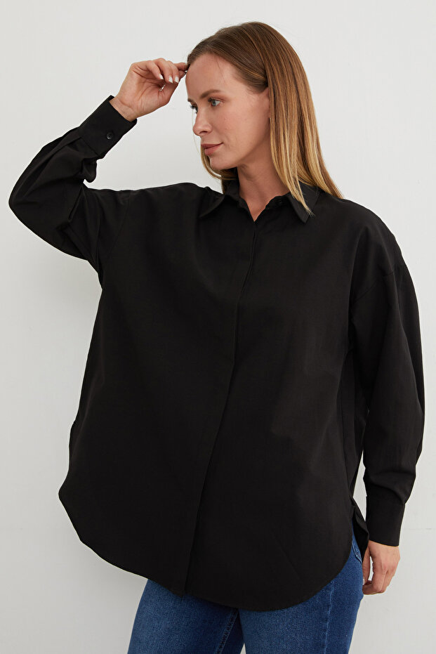 Basic Yırtmaçlı Oversize Gömlek - 5