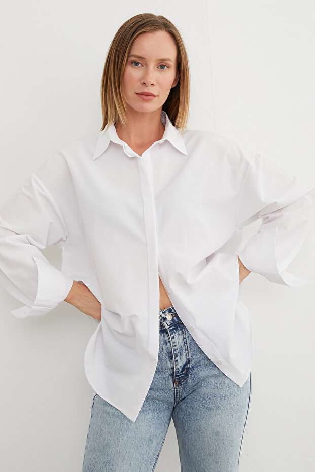 Basic Yırtmaçlı Oversize Gömlek - 1