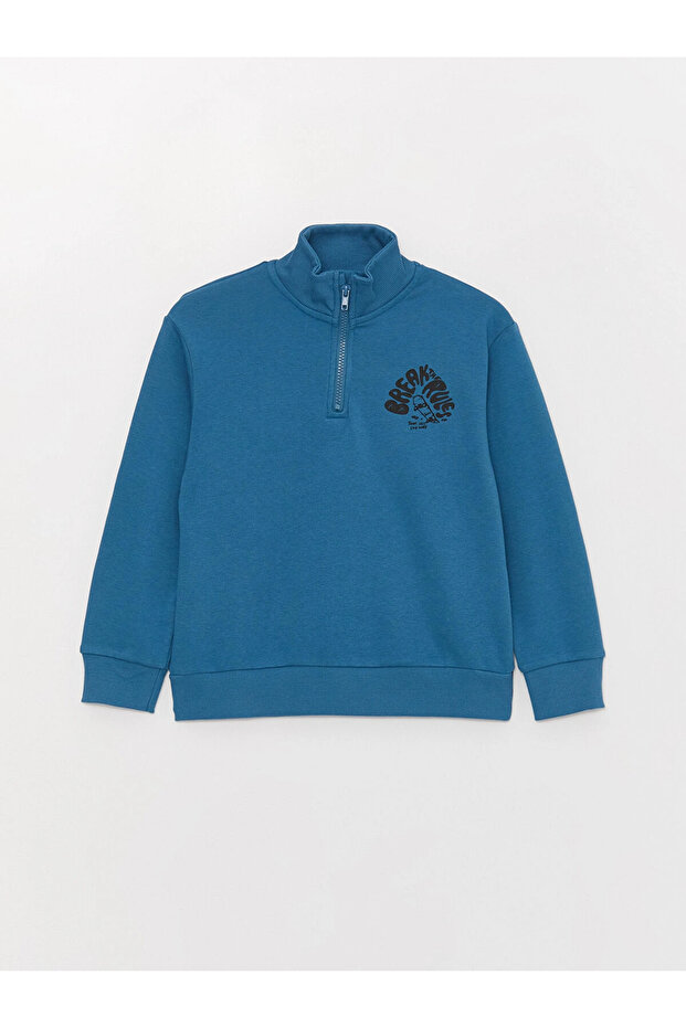 Lcw Kids Blue Mock Neck Printed Long Sleeve Boys Sweatshirt