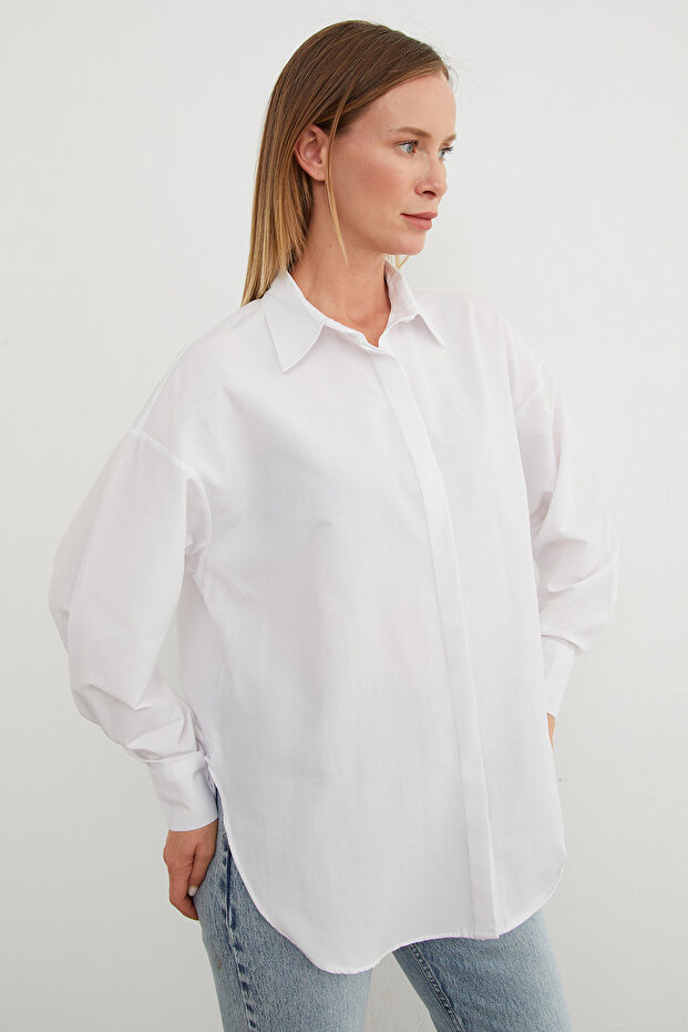 Basic Yırtmaçlı Oversize Gömlek - 4