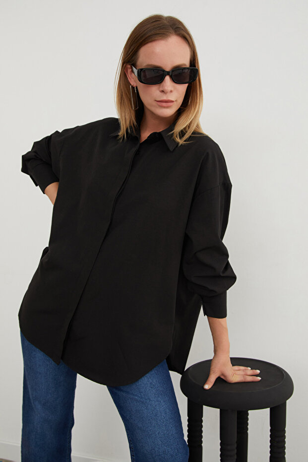 Basic Yırtmaçlı Oversize Gömlek - 2