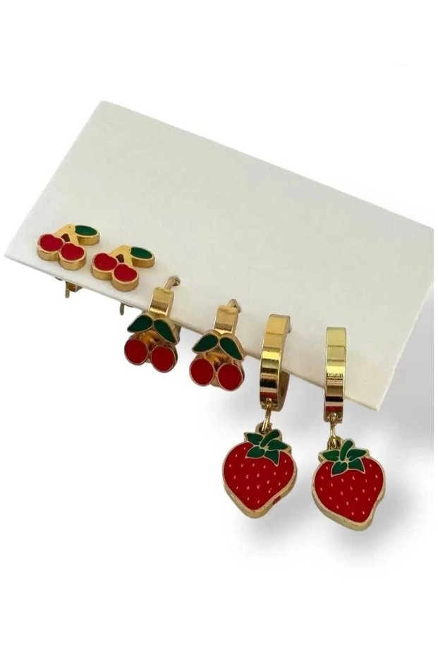 Gold Earrings Set in the Shape of Strawberries and Cherries for Women (Three Pieces)