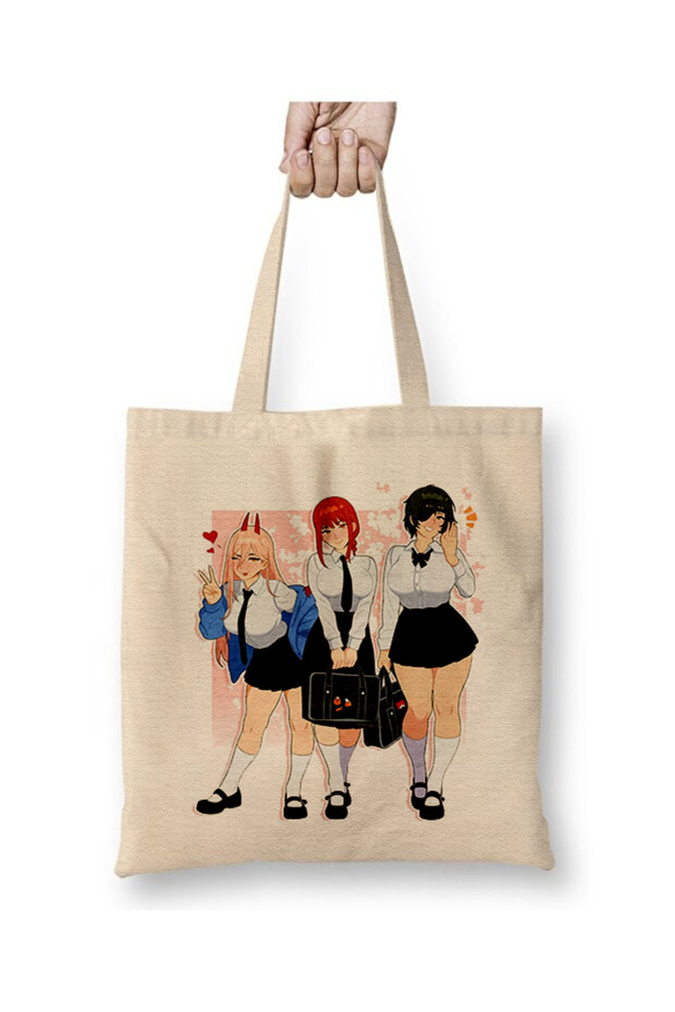 Chainsaw Man Characters White Cloth Bag Long Handle Shopping Bag Beach Bag