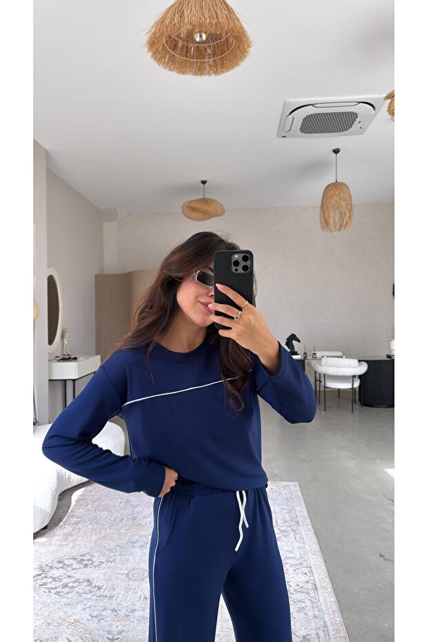 حواف أسطوانية مجموعة من الملابس المصنوعة من المودال باللون الأزرق الداكن - 2