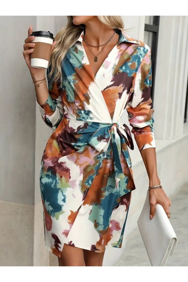 Women's Long Sleeve Collared Side Tie Mini Patterned Modal Dress