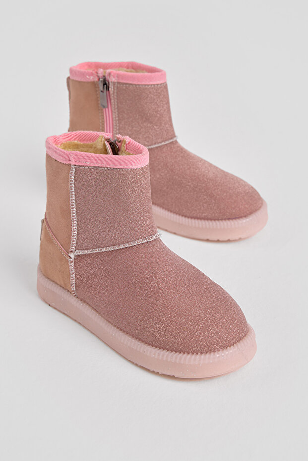 Girl's Powder Glitter Thermo Sole Suede Look Short Boots with Fur Inside