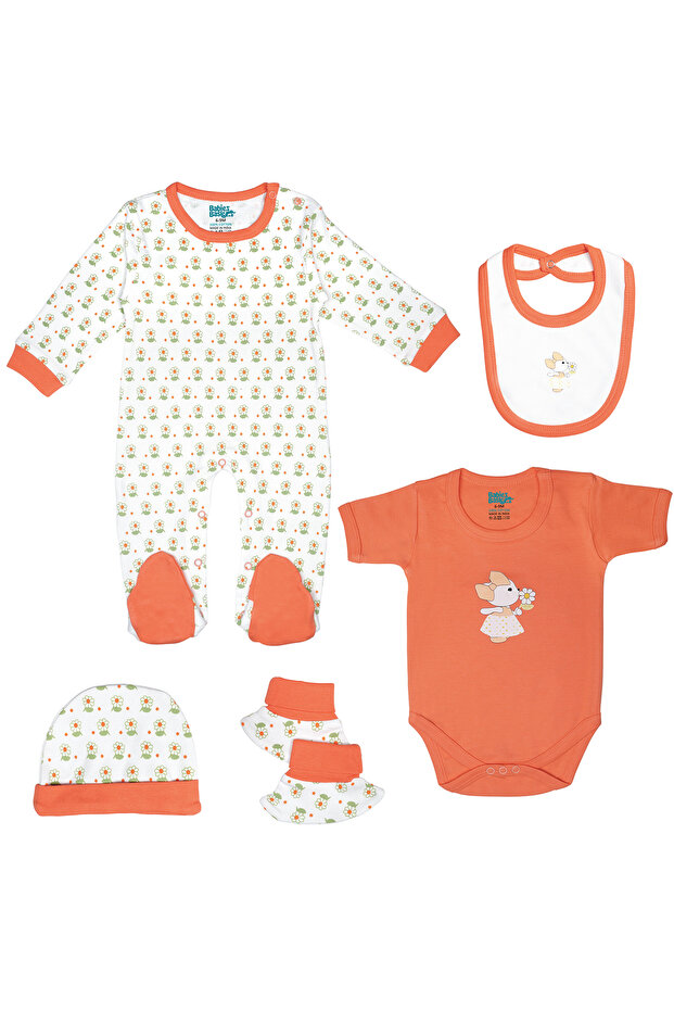 5 piece Sets include Bib, Romper, Mittens, Cap and Sleepsuit, 3-6 Months , Orange