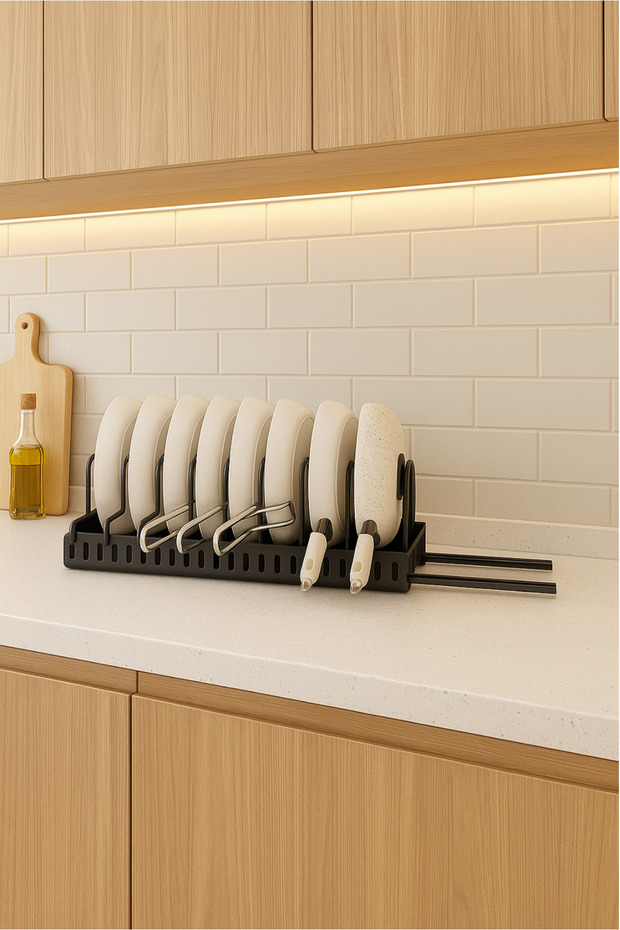 Rail-Mounted 8-Compartment Cabinet-Style Pan, Pot, and Spice Organizer for Countertop Storage under the Counter.