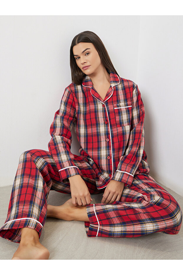 Family Pyjamas - Women Check Pocket Piped Shirt and Pyjama Set