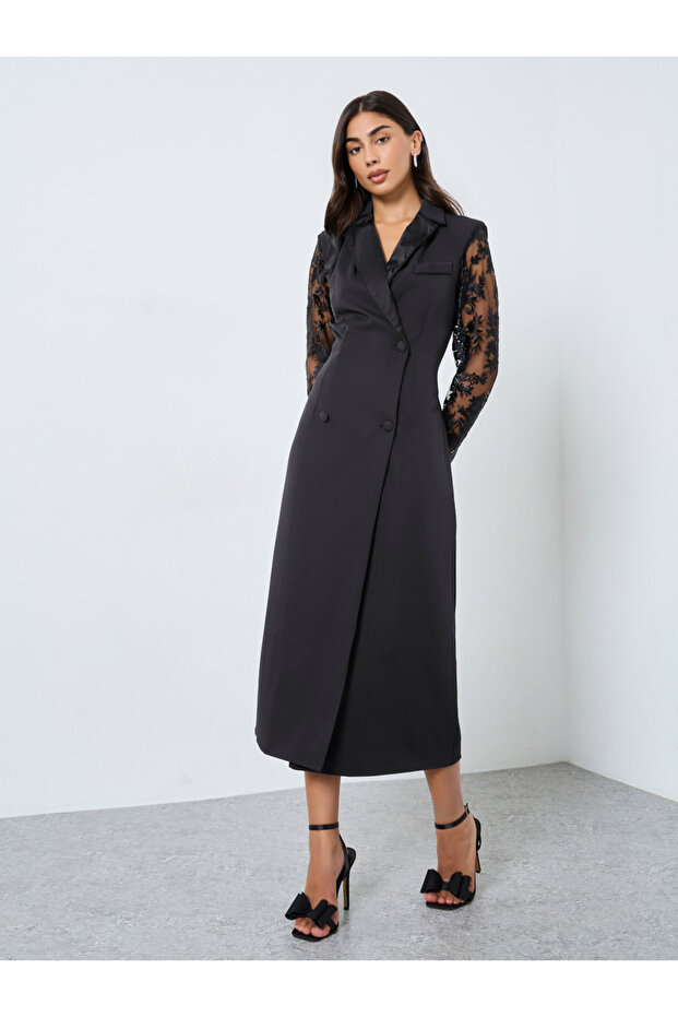 Black Lace Sleeve Blazer Midi Dress