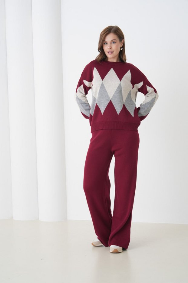 Oversized Plaid Patterned Crew Neck Knitwear Bottom-Top Set Aw25Au0030