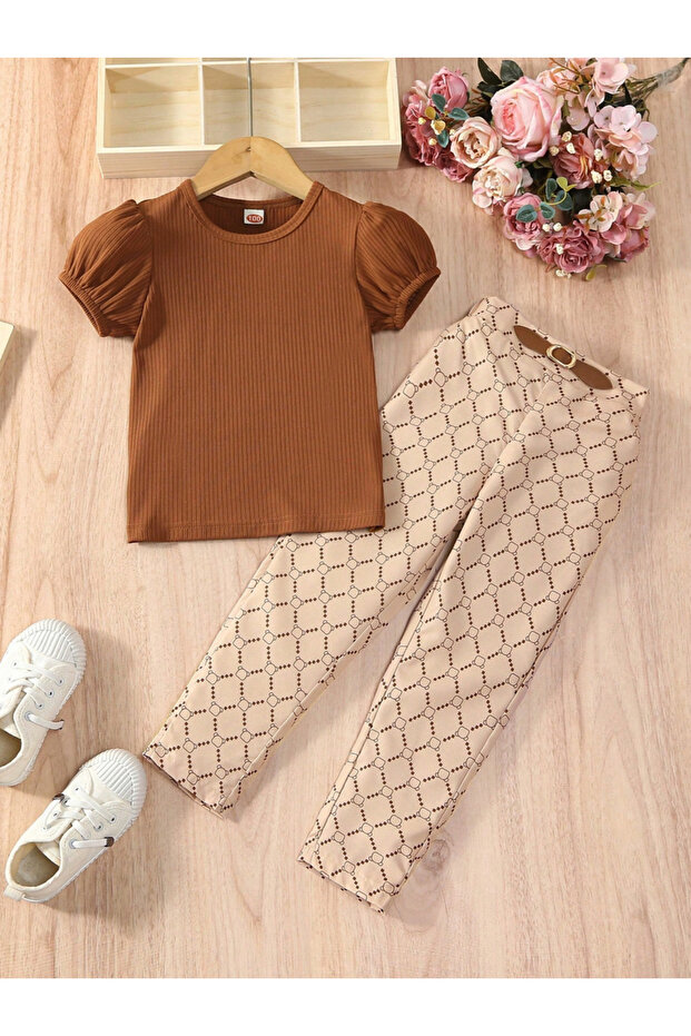 Texture Puff Sleeve Top with Checked Pants Set