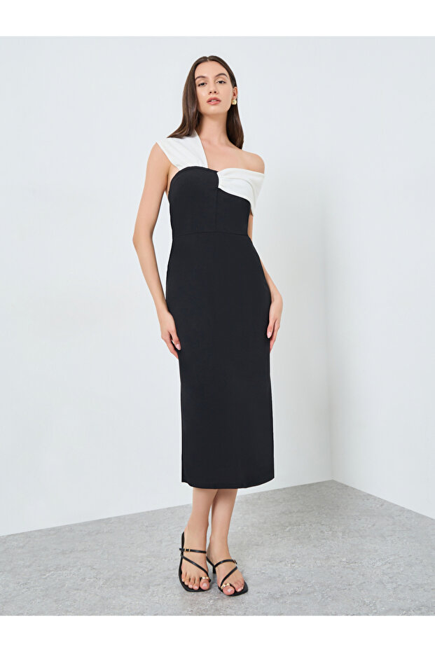 Colorblock One Shoulder Bodycon Midi Dress