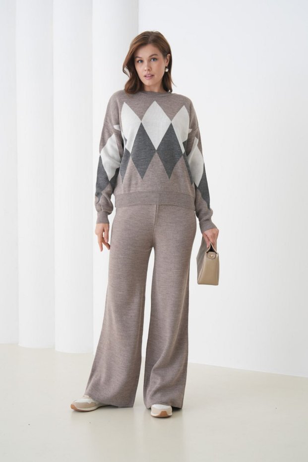 Oversized Plaid Patterned Crew Neck Knitwear Bottom-Top Set Aw25Au0030