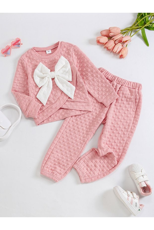 Girl's Texture Bow Detail Long Sleeve T-shirt With Pants Set