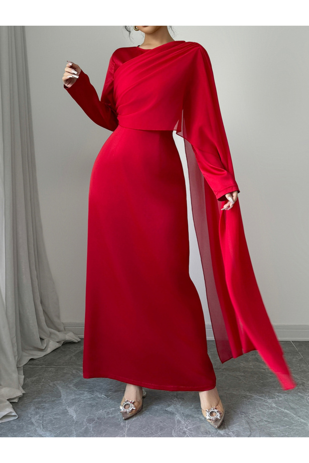 Solid Cape Detail A-Line Maxi Dress