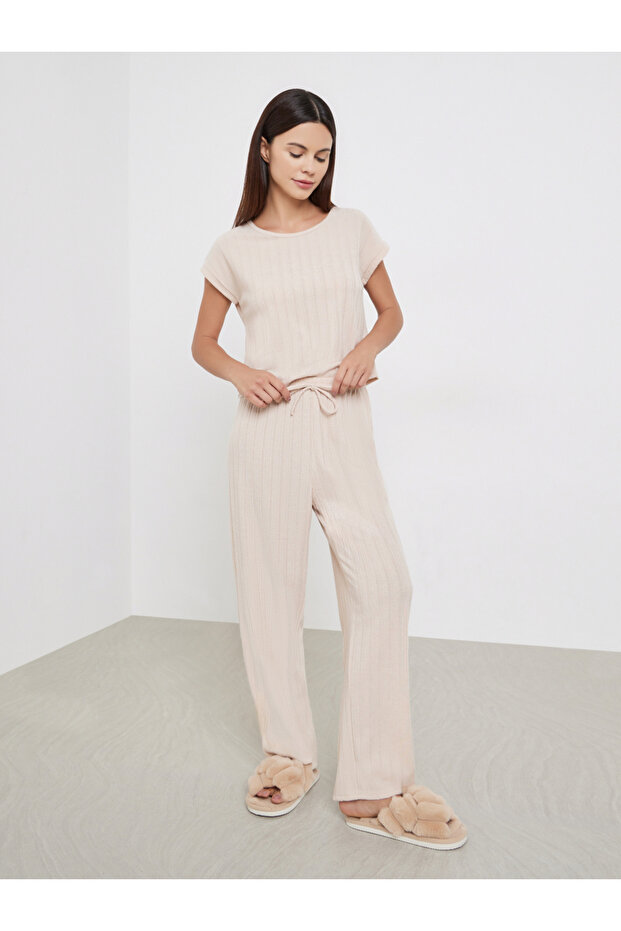 Beige Knit Textured Top and Long Pyjama Set