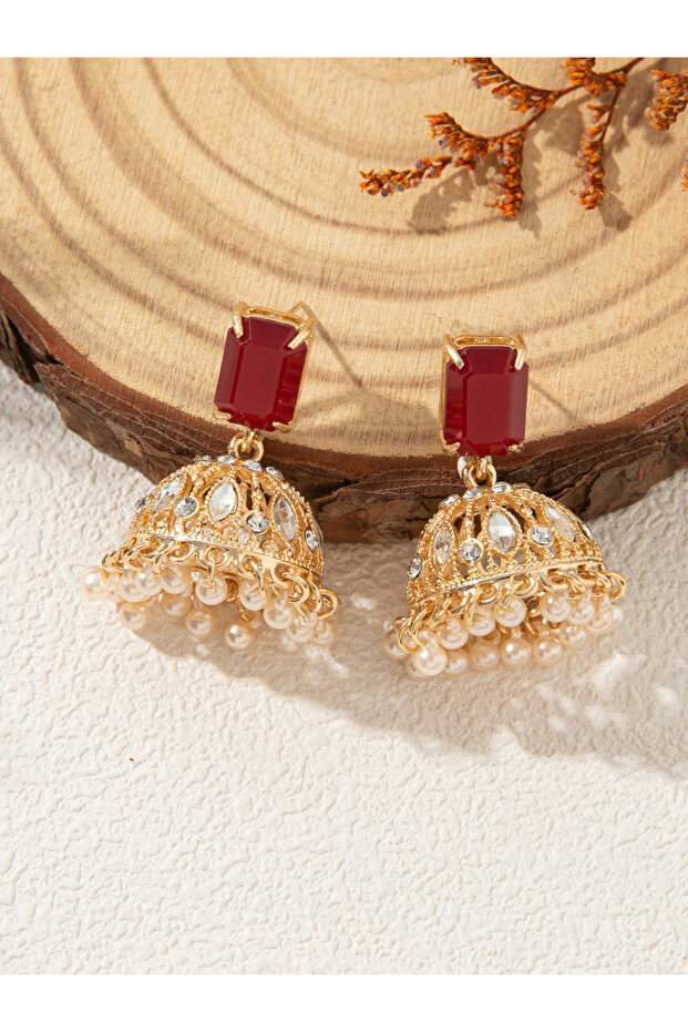 Gold Tone Jhumka Earrings with Ruby Accent