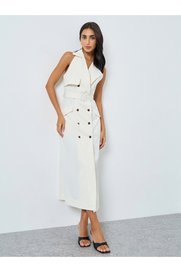 Cream Sleeveless Belted Blazer Midi Dress