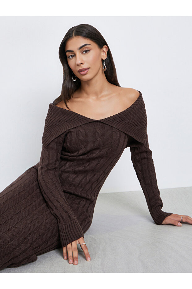 Brown Cable Knit Sweater Midi Dress